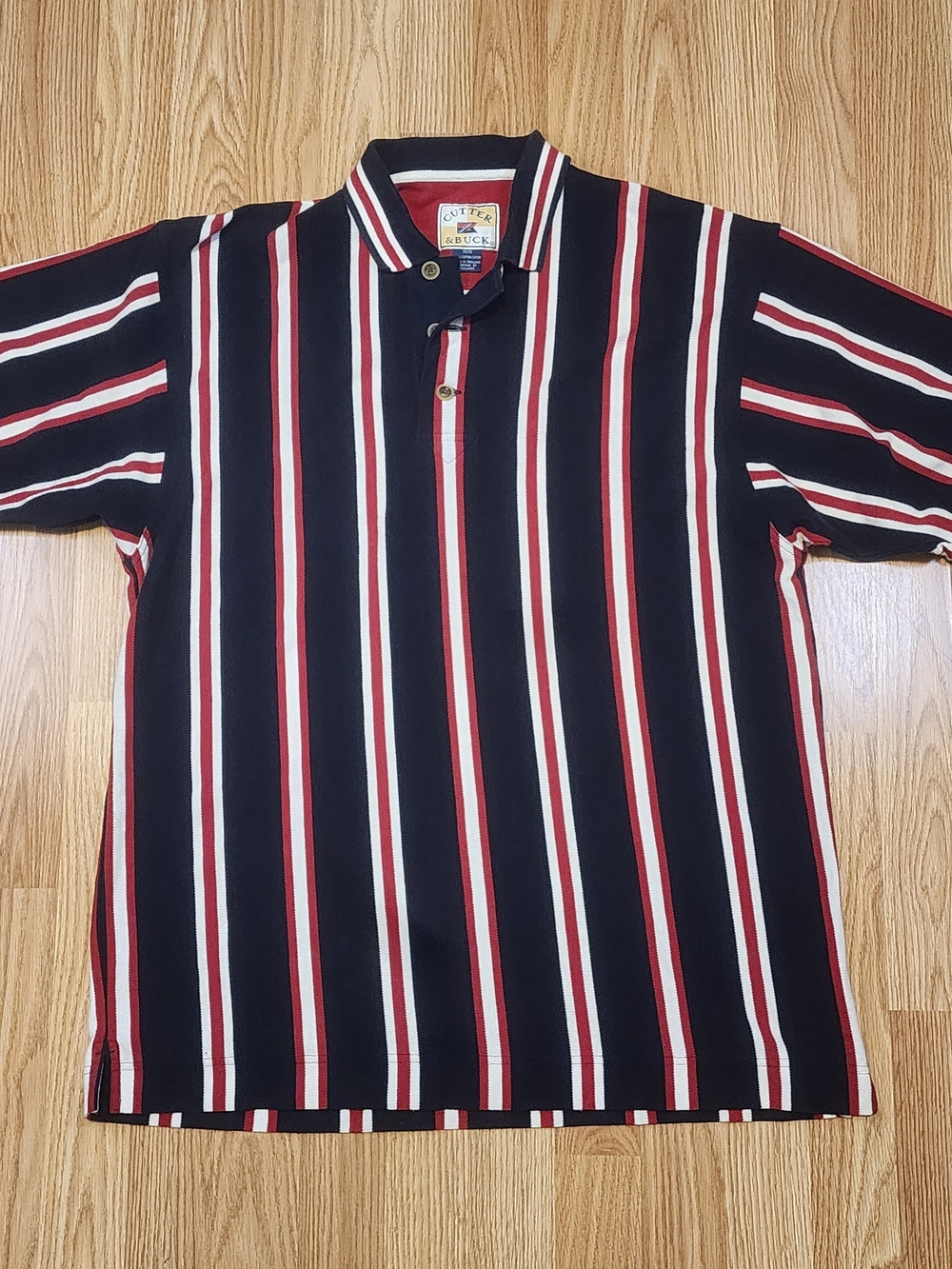 Cutter & Buck Navy Polo with Red and White Vertical Stripes Size M